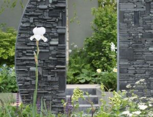 'Stop the Spread' garden, RHS Chelsea flower show, slate, white iris