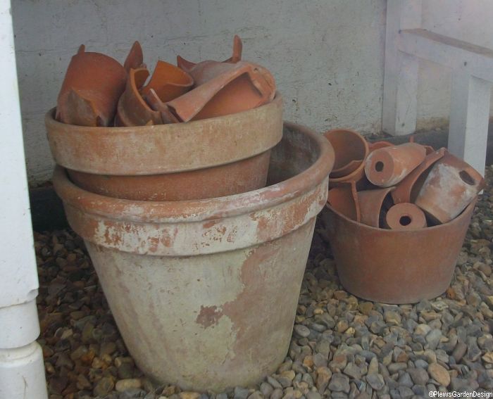 clay pots under greenhouse bench, garden sundries, downe house, charles darwin