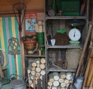 potting shed, garden sundries, garden tools, logs