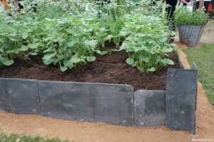 slate raised bed, potatoes, vegetables, herbs