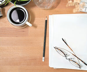 notebook, pen, coffee, spectacles
