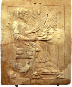 Locri_Pinax_Of_Persephone_And_Hades, Persphone holding parsley (possibly), https:/commons.wikimedia.org/wiki/File:Locri_Pinax_Of_Persephone_And_Hades.jpg;