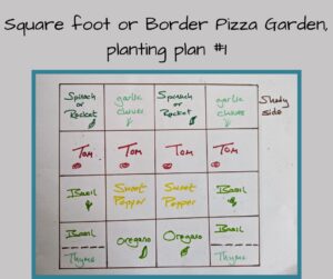 square foot or border Pizza Garden, planting plan #1, grow your own pizza garden, marie shallcross, plews gatrden design