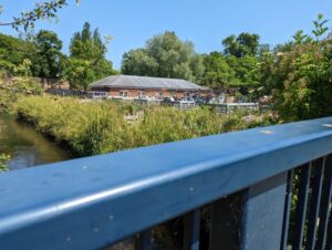 morden hall garden centre riverbank planting, blue bridge