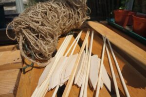 wooden plant labels & plant supports, jute pea netting, greenhouse staging