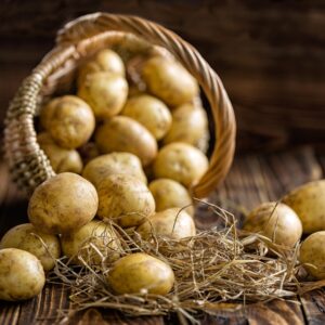 potatoes, basket, straw