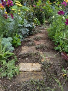 brick path, herbaceous borders